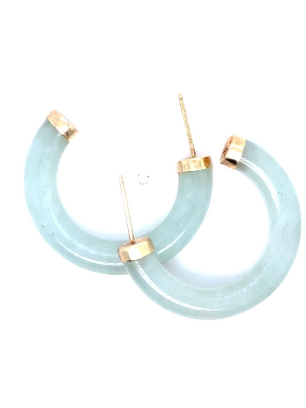 14K Gold Trim Pale Green Jade Hoop Earrings - Picture 2 of 9